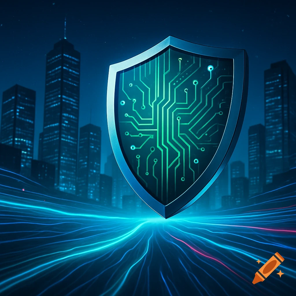 A glowing shield with a green circuit board design floats above neon blue data lines in a futuristic city at night.