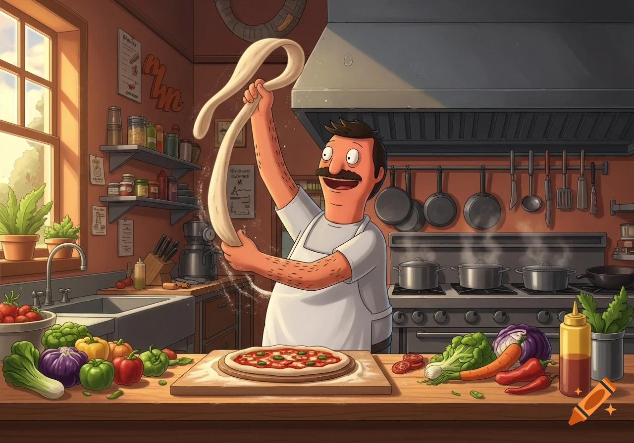 Bob Belcher from Bob's Burgers joyfully stretches pizza dough in a busy kitchen, with a raw pizza on the counter and fresh vegetables.