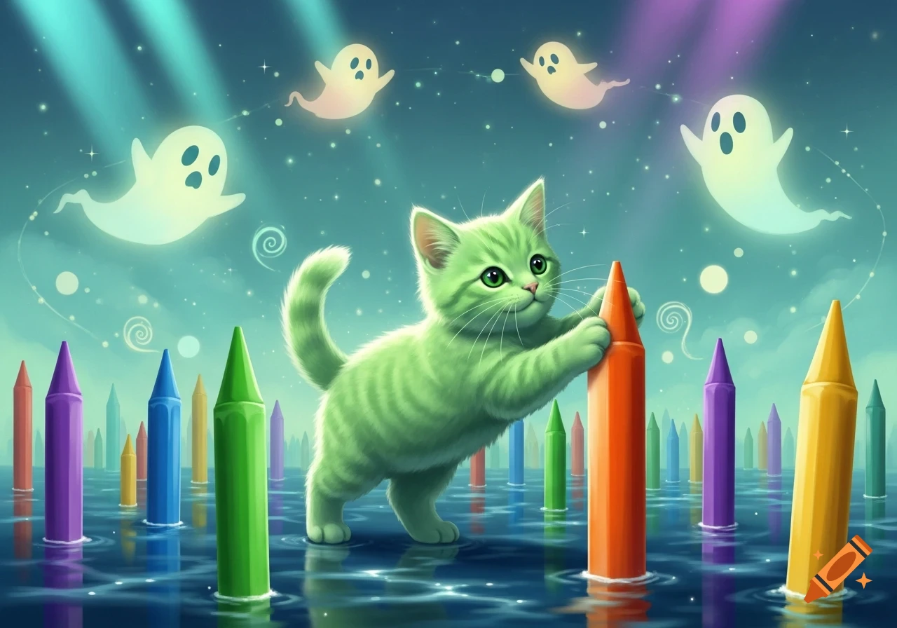A cute lime green kitten interacts with an orange crayon, surrounded by other colorful crayons in water and glowing ghosts in a starry blue sky.