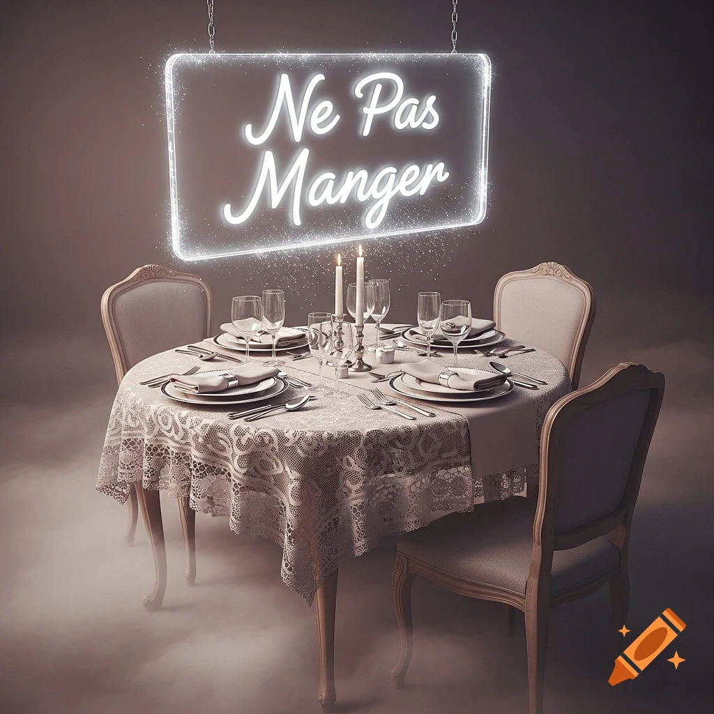 A dining table set for guests with a white lace tablecloth, lit candles, and a glowing neon sign above that reads 'Ne Pas Manger' in a smoky room.