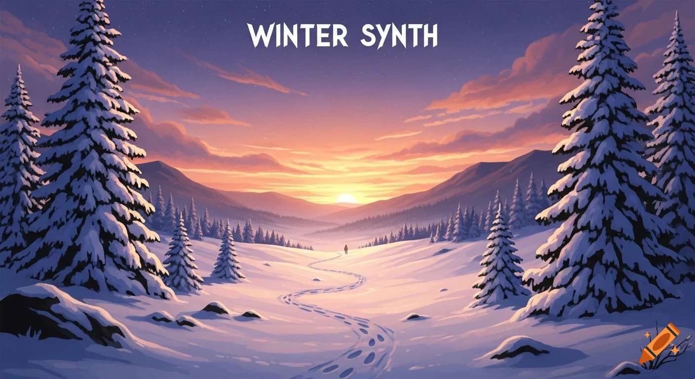 Digital illustration of a serene winter landscape with snow-covered pine trees, a sunset, and 'WINTER SYNTH' text.
