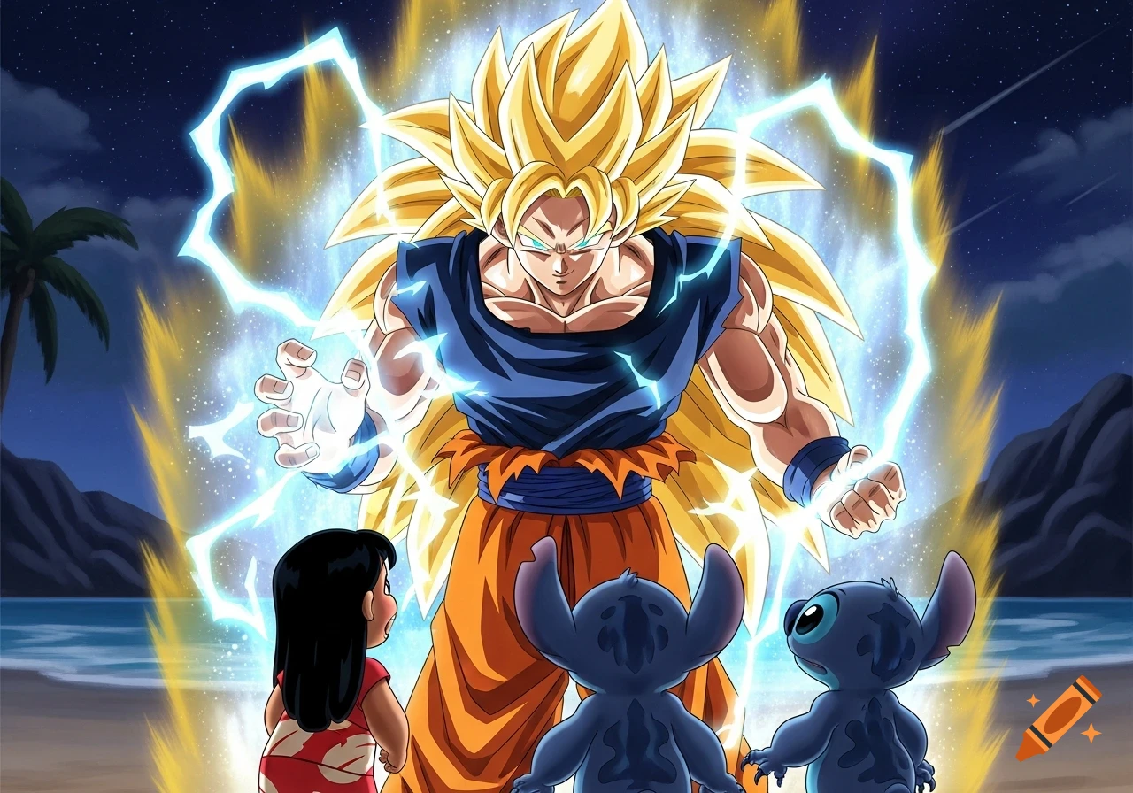 Goku in Super Saiyan 3 form with glowing golden hair and aura, watched by Lilo and Stitch on a beach at night, in an animated style.