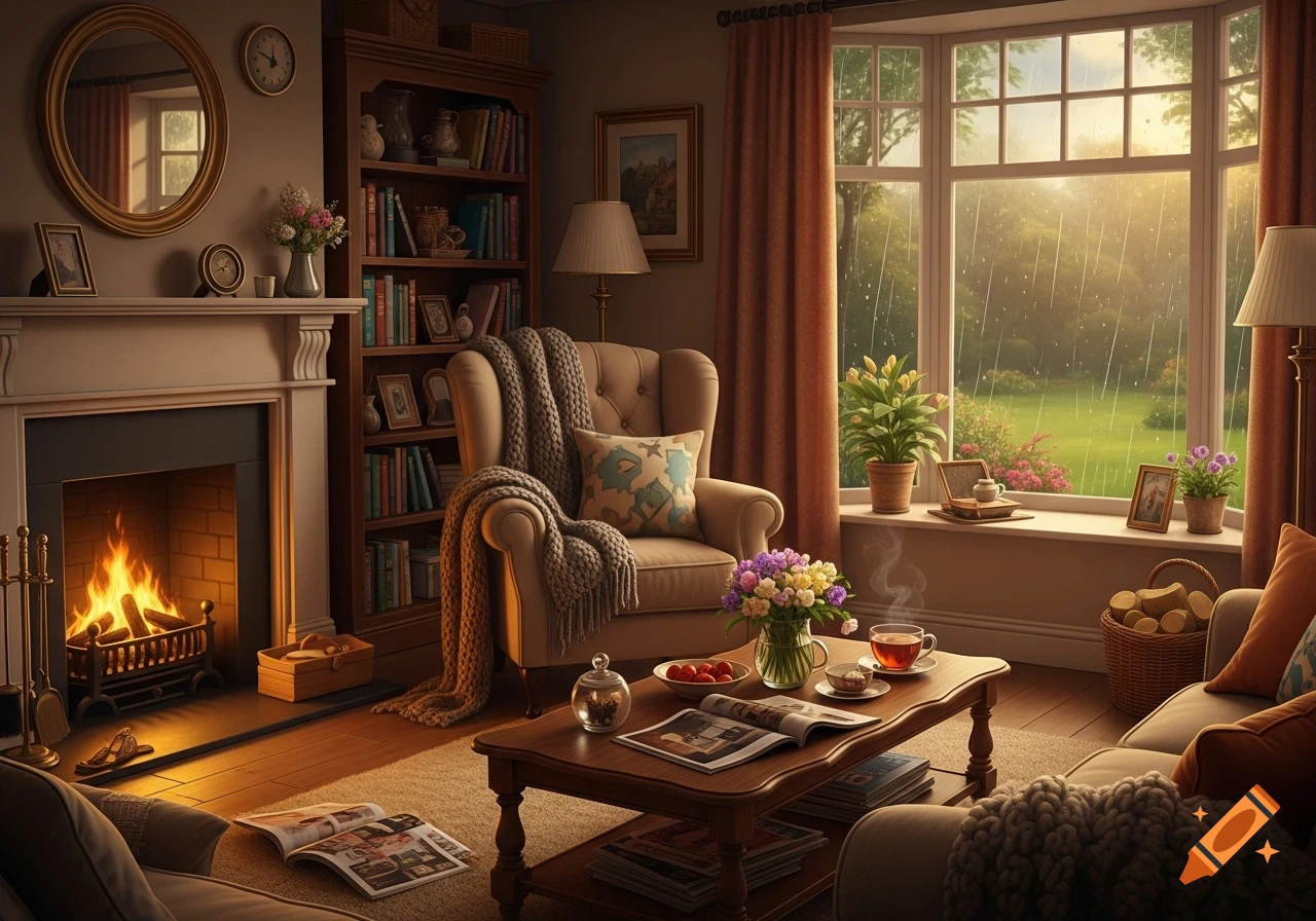 A cozy, warm living room with a lit fireplace, a large window looking out at a rainy garden, an armchair with a blanket, and a coffee table with books and tea.