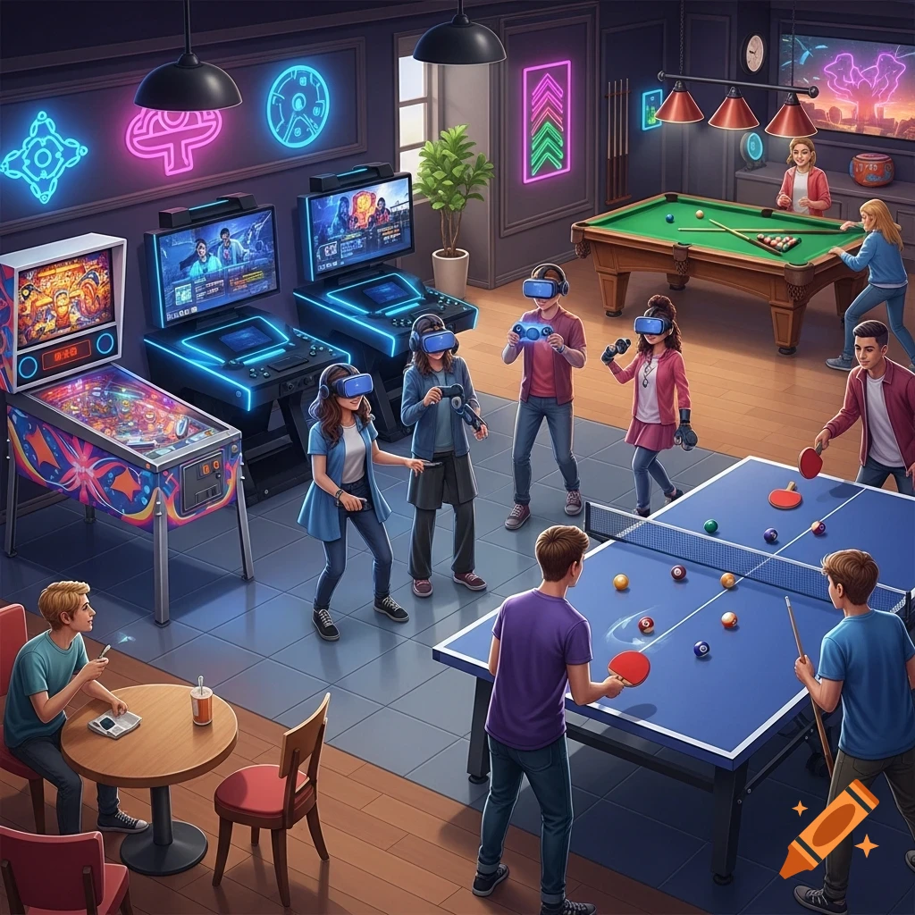 An isometric view of a vibrant game room with people playing virtual reality, pinball, pool, ping pong, and sitting at a cafe table.