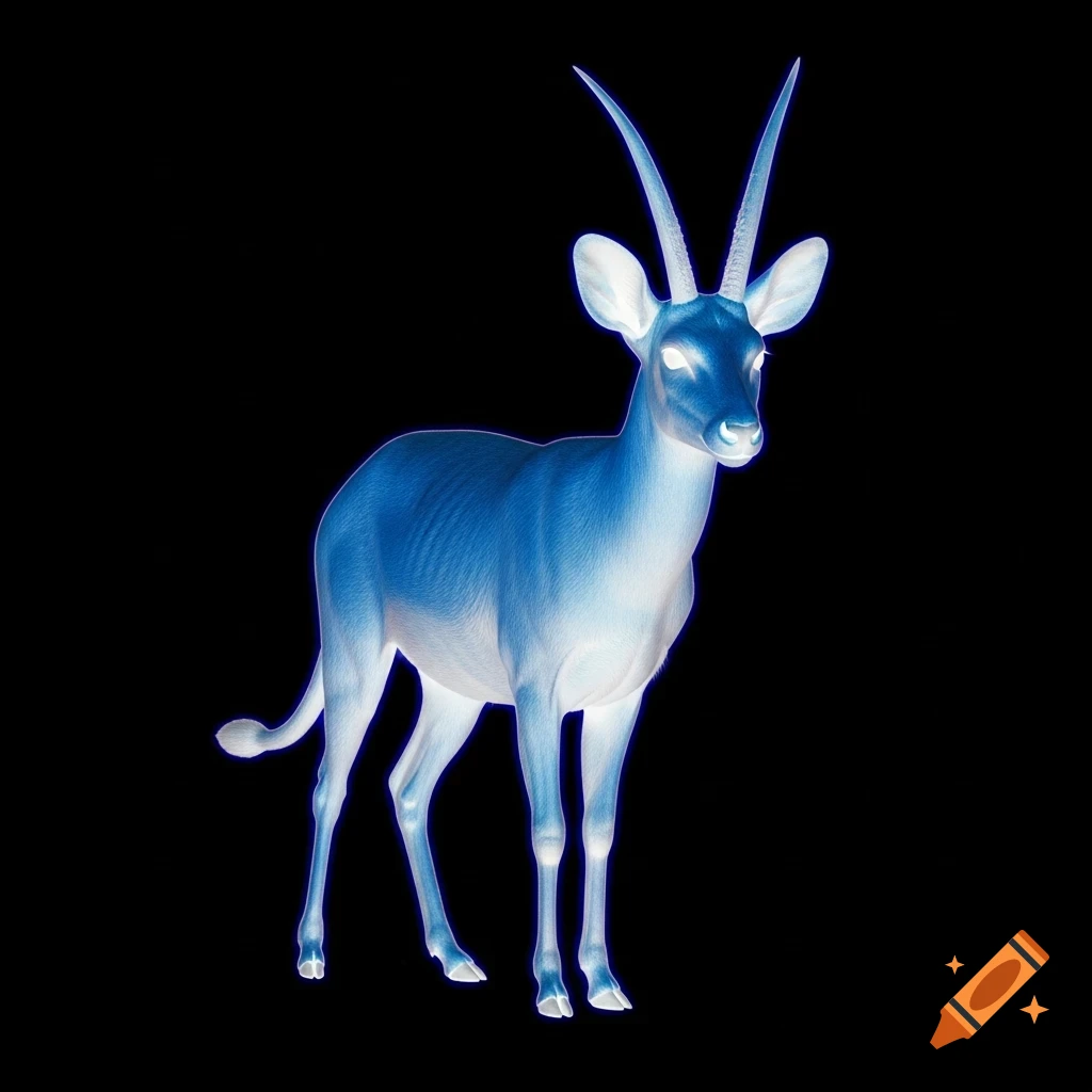 A high-detail illustration of a gazelle in glowing blue and white inverted colors against a solid black background.