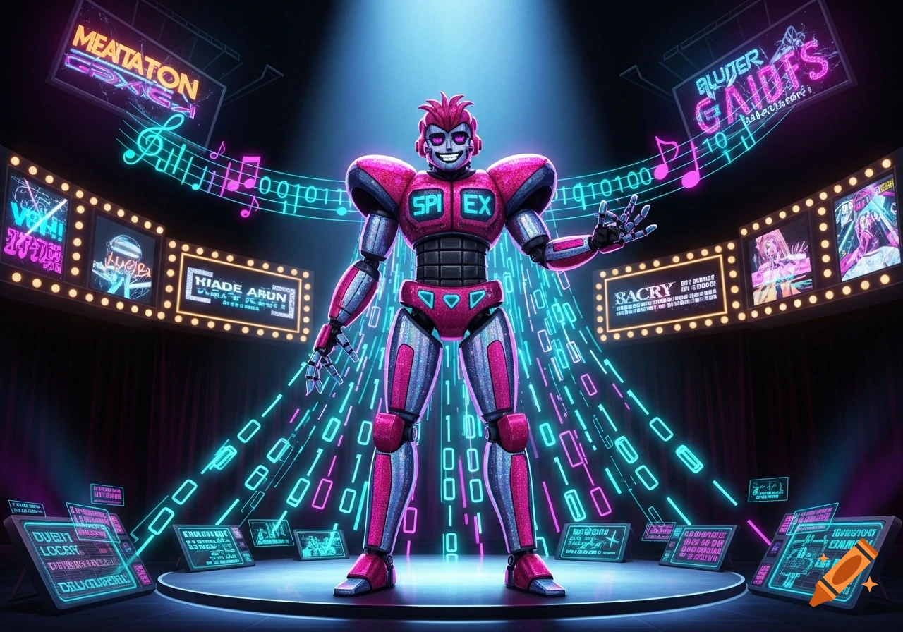 A glittery pink and silver robot with a mischievous smile stands on a stage, surrounded by neon signs, digital code streams, and musical notes.