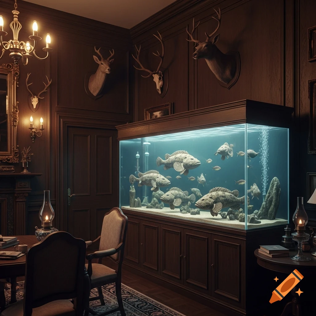 Luxurious Victorian hunting room with dark wood paneling, deer trophies, and a large wall aquarium displaying stonefish, lit by oil lamps.