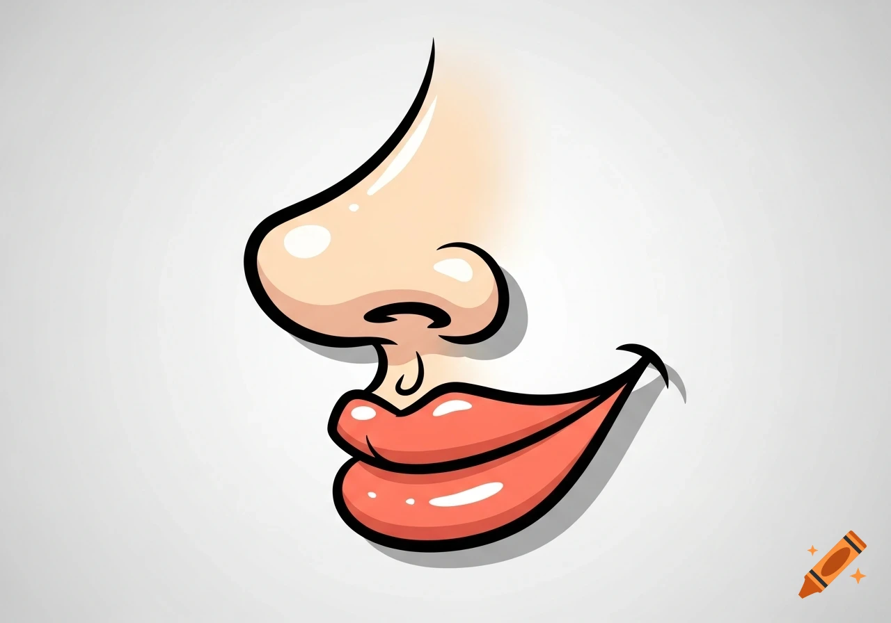 Cartoon illustration of a nose and a smiling mouth in profile on a light background.