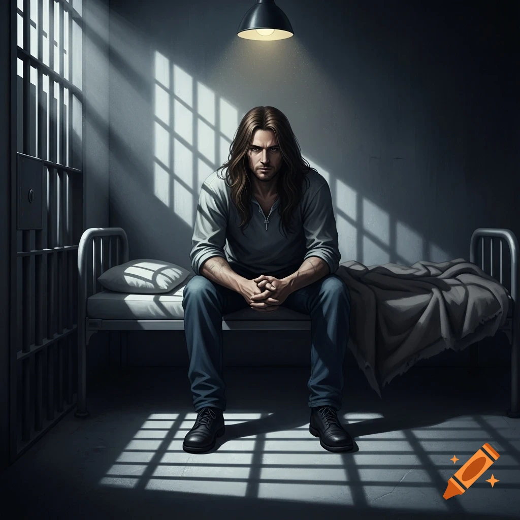 A brooding man with long brown hair sits on a bed in a dimly lit prison cell, shadows from the bars falling across the floor.