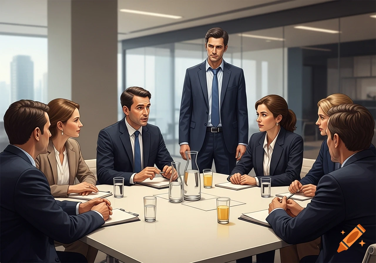 A group of business people in suits attend a meeting in a modern office, with one man standing and others seated around a table.