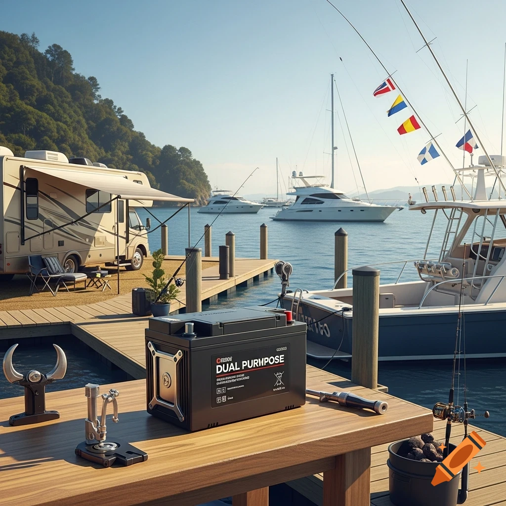 Photorealistic scene with a dual-purpose battery on a wooden table on a dock, an RV parked nearby, and boats on the water.