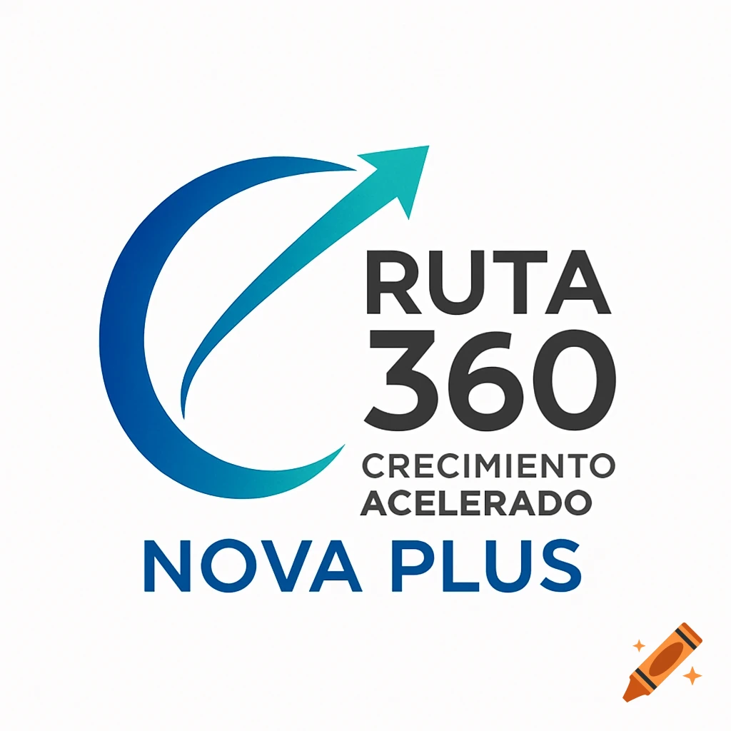A logo for Ruta 360 Nova Plus featuring a blue and teal curved arrow, symbolizing growth.