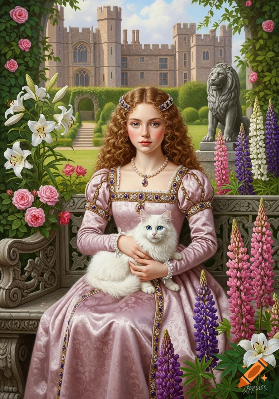 A girl in a pink Tudor gown holding a white cat sits on a stone bench in a castle garden with roses, lilies, and lupines, in an oil painting.