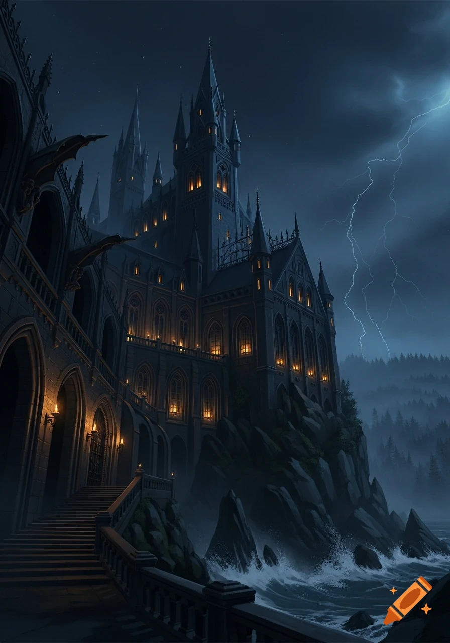 A majestic gothic castle with glowing windows stands on a rocky cliff overlooking a stormy sea with lightning in the dark sky.