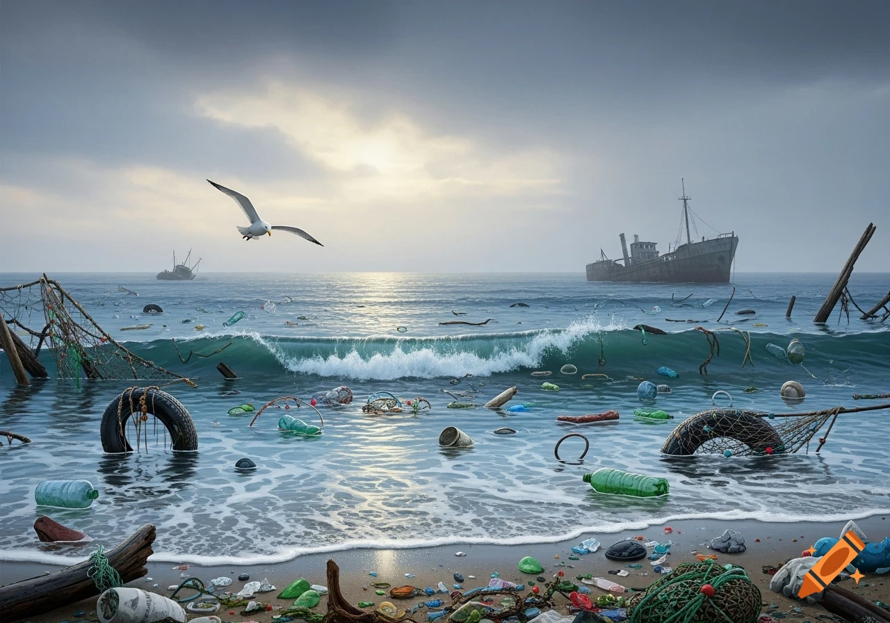 Photorealistic image of a heavily polluted ocean with plastic, tires, nets, and two sunken ships under a cloudy sky, a seagull flies over a wave.