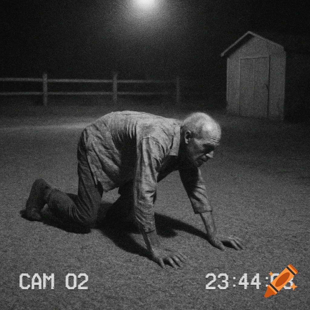 Black-and-white grainy CCTV footage shows an old man crawling on all fours on gravel at night, with a shed and fence in the background.