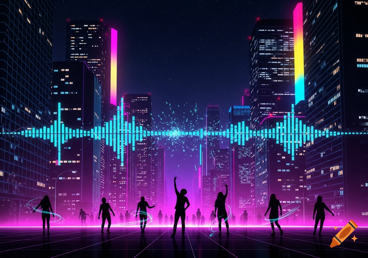 Silhouettes of people dancing in a neon-lit synthwave cityscape with a bright blue soundwave across the sky.