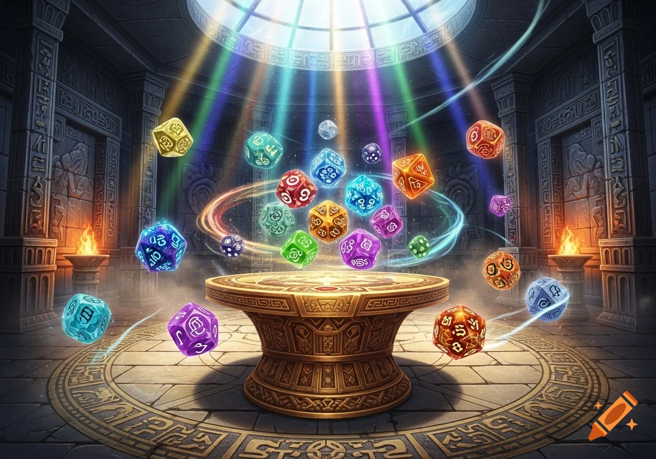 Colorful, glowing polyhedral dice float around a golden pedestal in an ancient, magic-filled temple with hieroglyph-covered walls and torches.