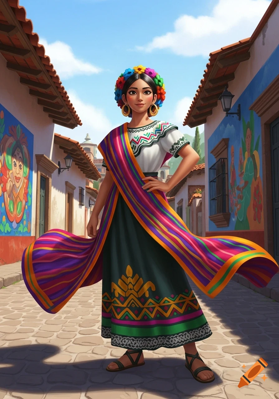An illustrated woman in colorful traditional Mexican attire with a flower crown stands on a cobblestone street with vibrant murals.