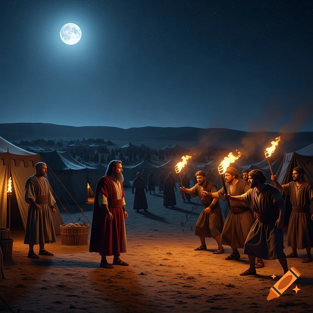 Moses faces angry men with torches at a desert camp under a full moon at night, photorealistic style.