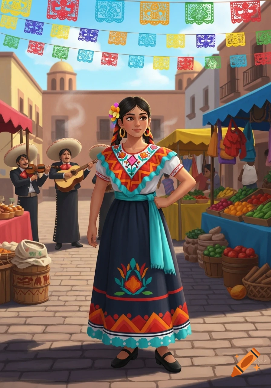 Stylized illustration of a young woman in traditional Mexican dress in a lively market street with mariachi musicians and colorful flags.