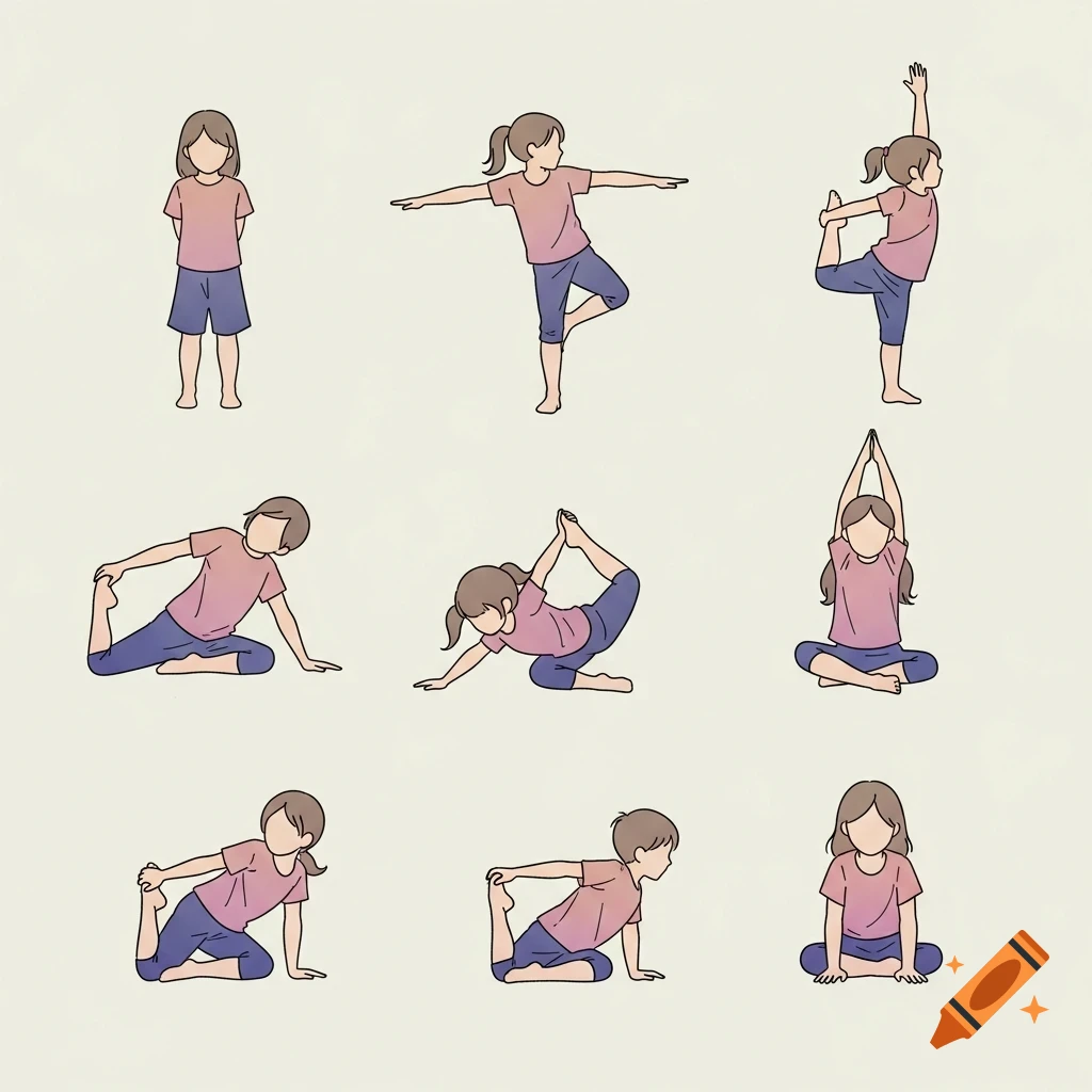 Nine minimalist line art illustrations show children performing various yoga poses on a light background.