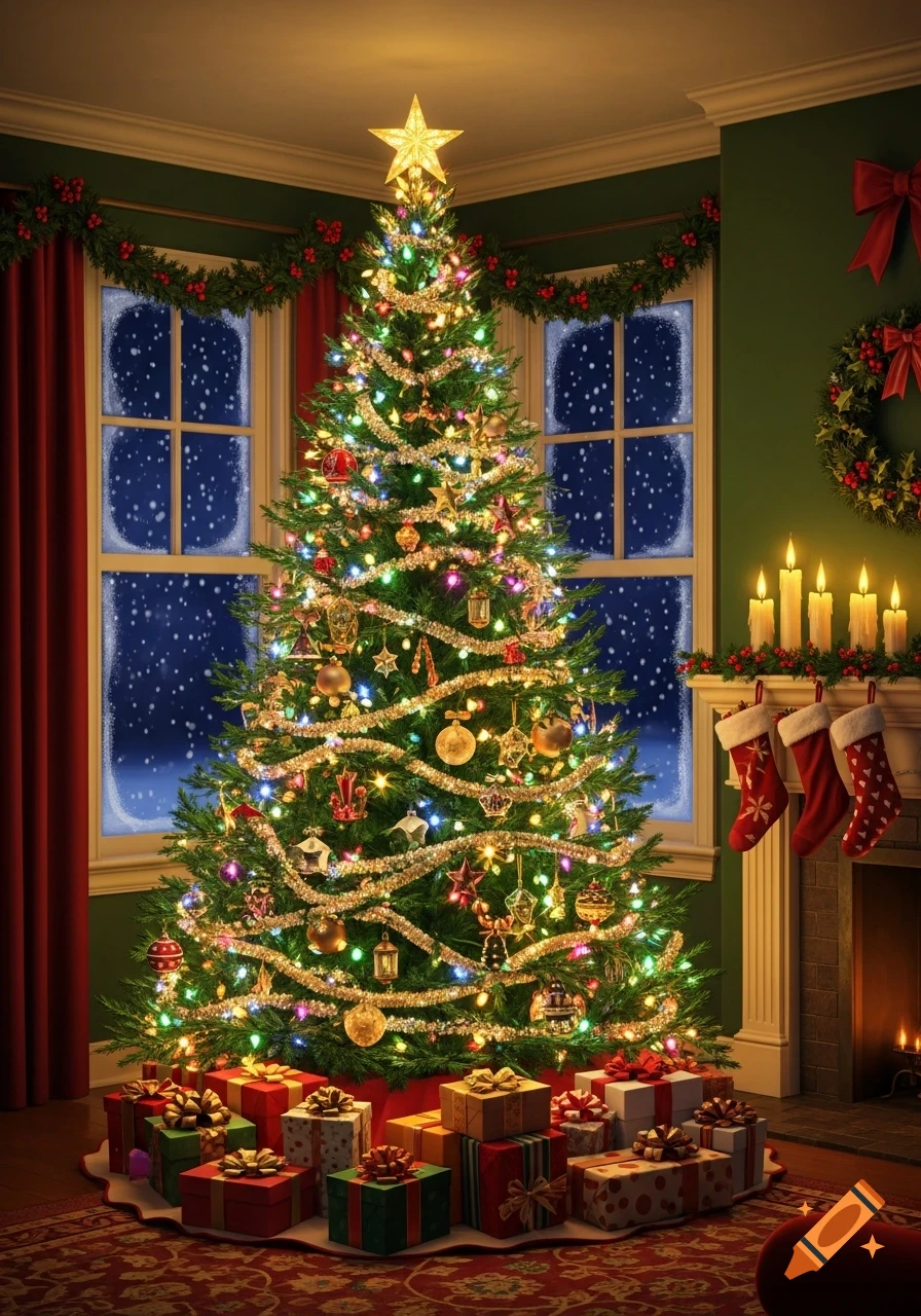 A beautifully decorated Christmas tree with a star topper and colorful ...