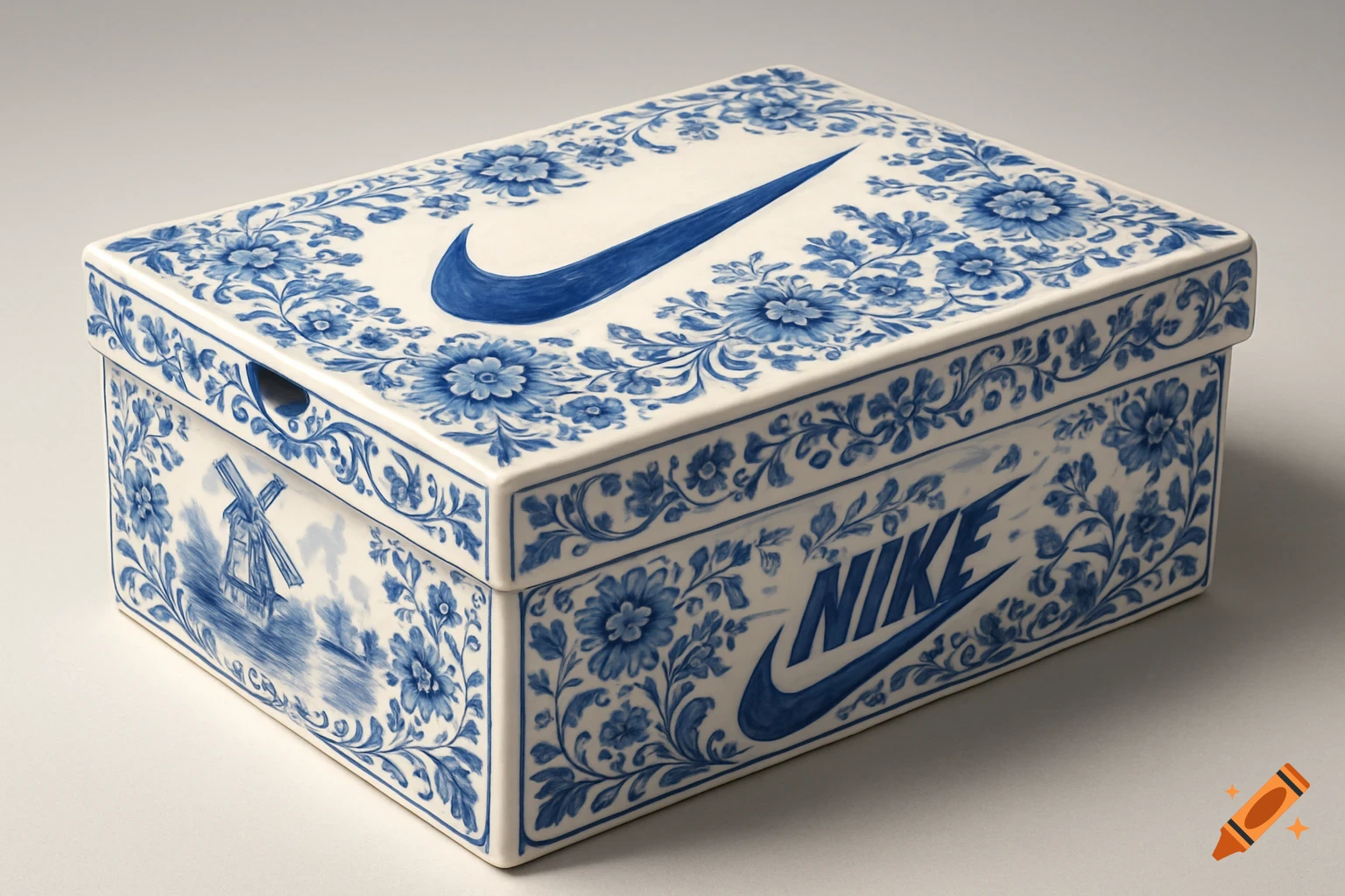 A Nike shoebox in Delft blue style, adorned with intricate blue floral patterns, a windmill, and the Nike swoosh and logotype.