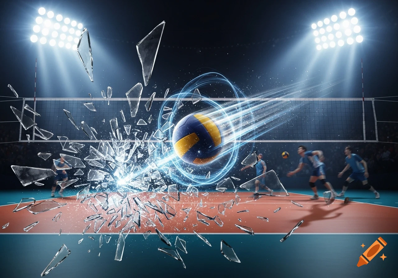 Dynamic volleyball court scene with a blue and yellow ball exploding through a glass barrier with glowing energy, players in motion under bright stadium lights.