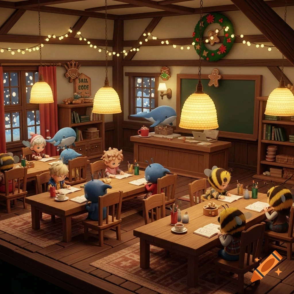A cozy, warm-lit Christmas classroom with wooden desks and string lights, where cute whale, bee, and human-like characters learn and study.