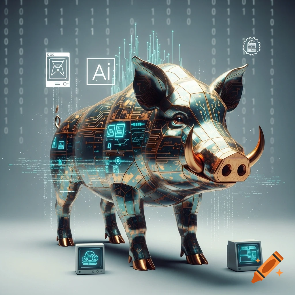 A stylized hog made of glowing blue and gold circuit board patterns, standing in front of binary code, representing early AI.