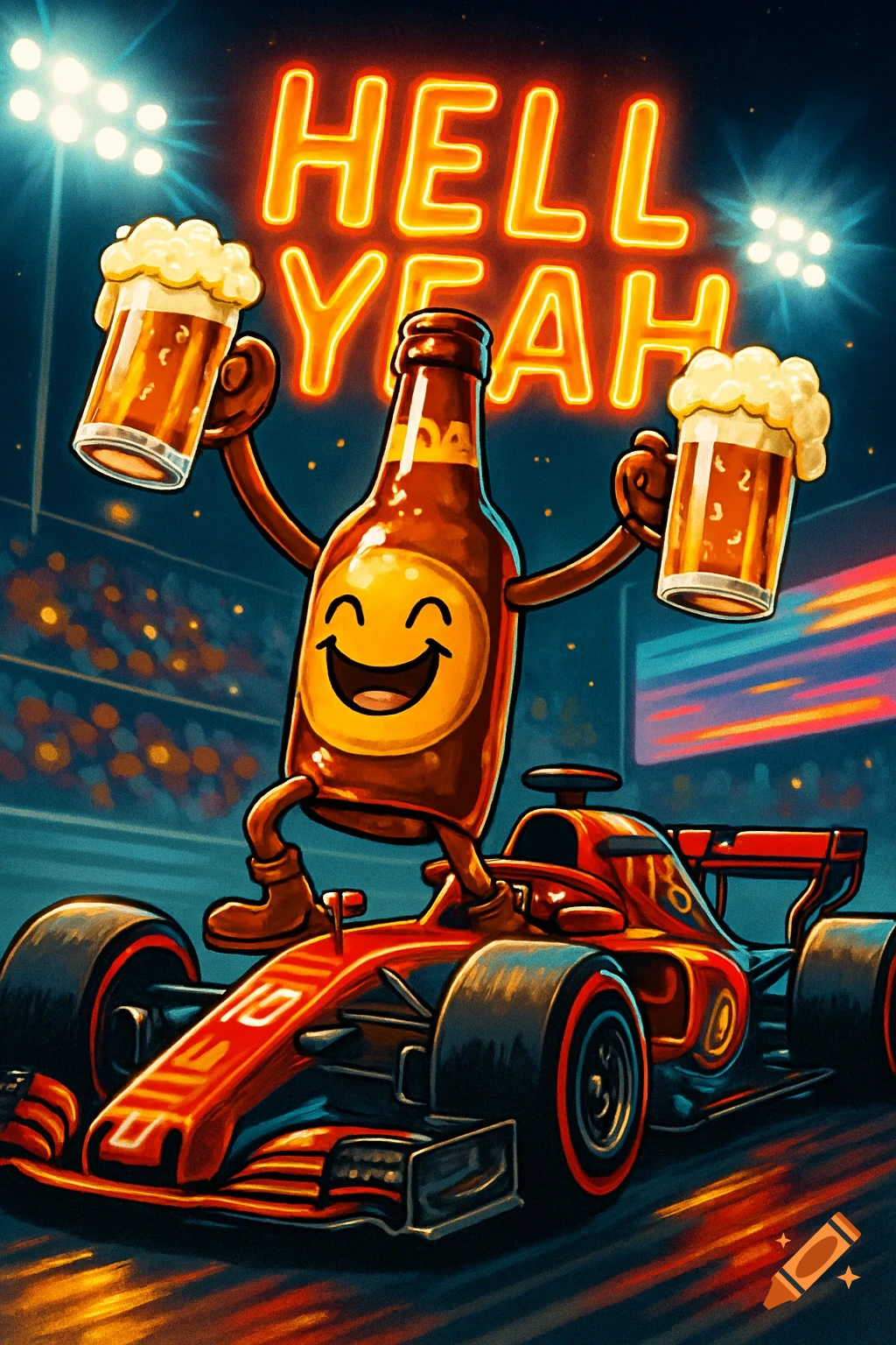 A cartoon beer bottle mascot holding two mugs of beer stands on a red Formula 1 race car with neon 'HELL YEAH' text.