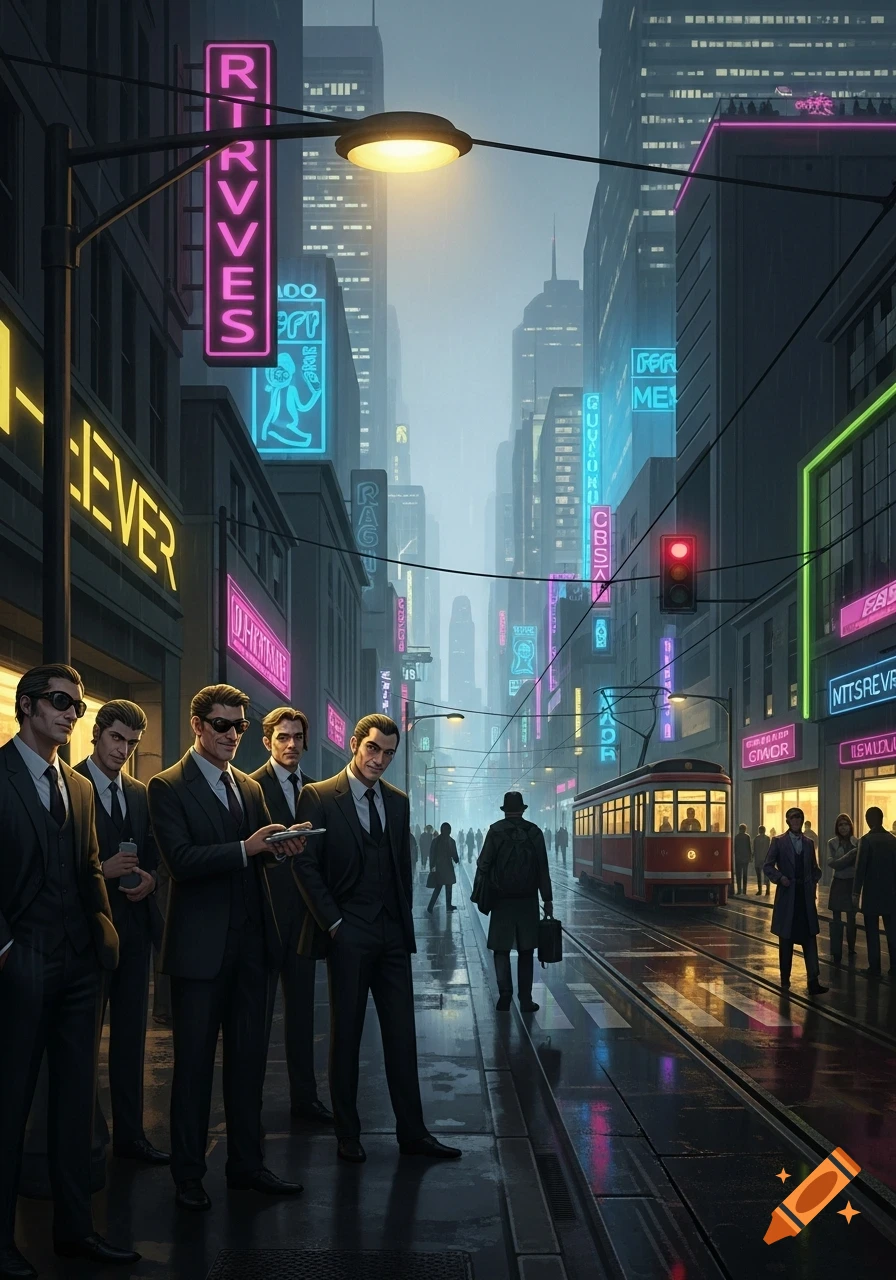 A group of men in black suits and sunglasses stand on a wet, neon-lit city street at dusk, with a tram and skyscrapers in the background.