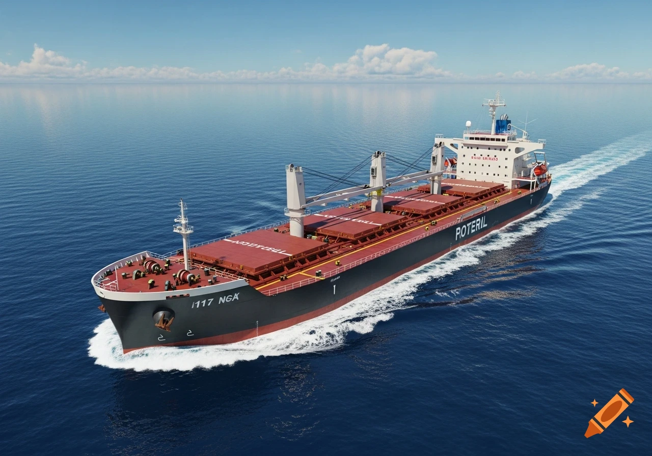 A large bulk carrier ship with a black hull and red cargo holds sails through calm blue ocean water, leaving a white wake. The ship is viewed from an aerial perspective, moving to the right.