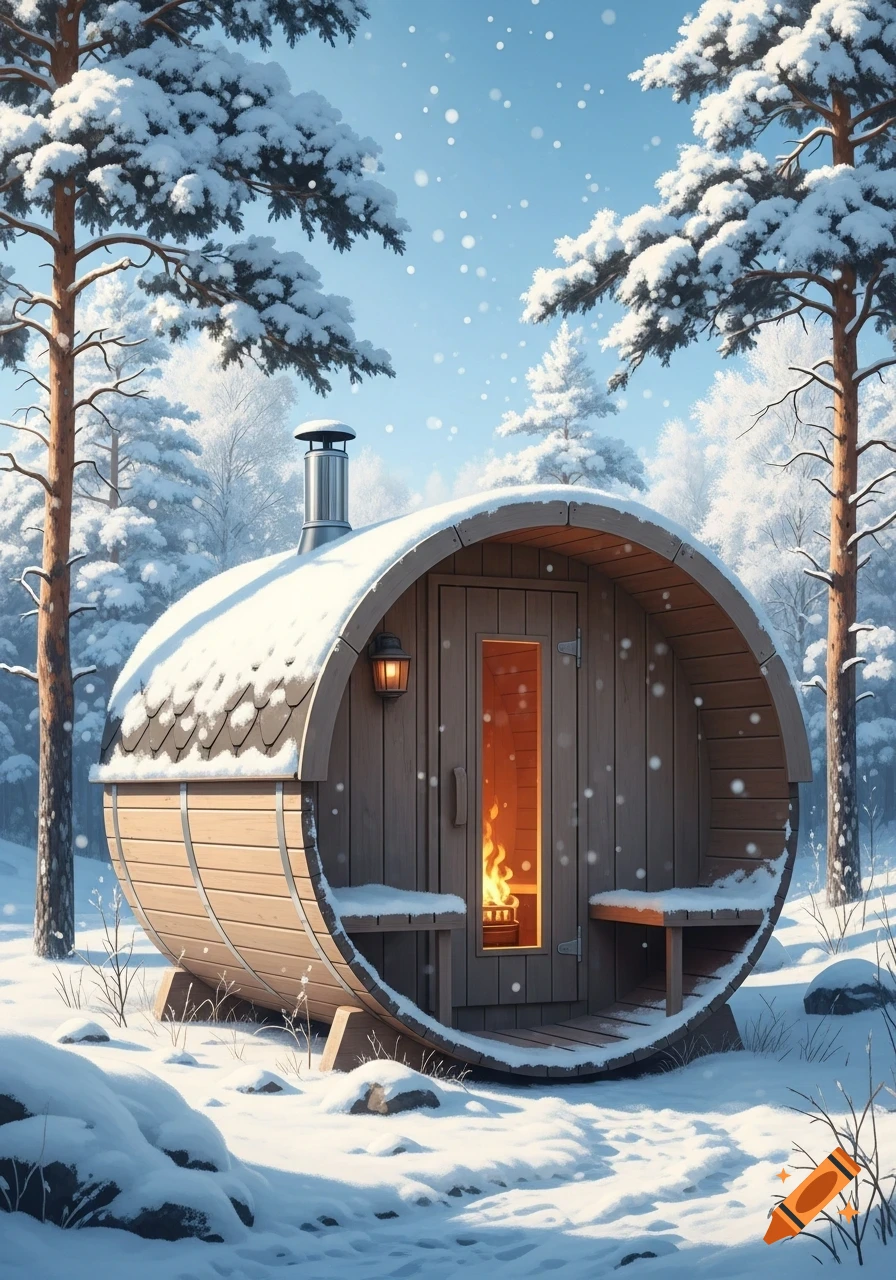 A cozy wooden barrel sauna sits in a snowy forest with snow falling. A fire glows warmly inside. It's an idyllic winter scene.