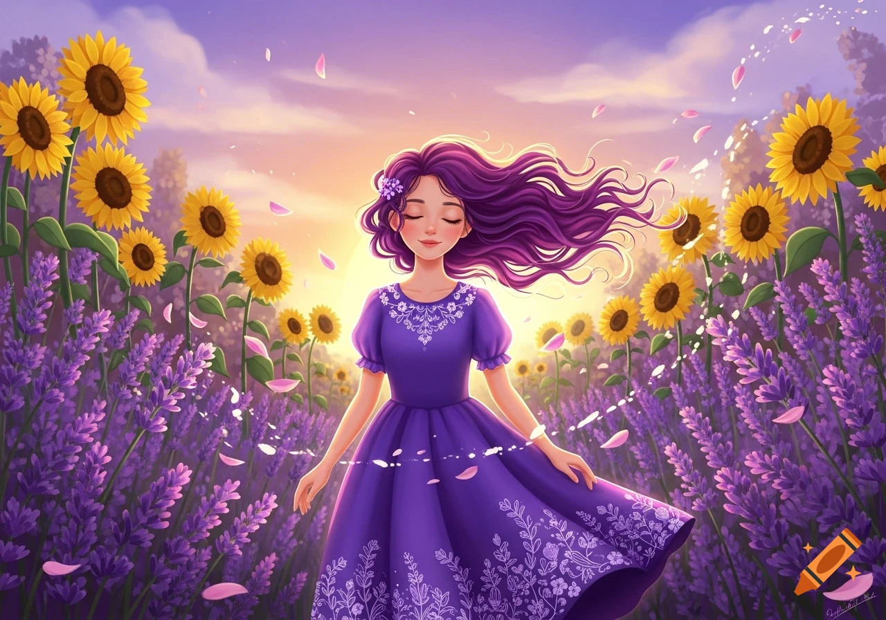 A cartoon girl with long purple hair and a purple dress stands in a field of sunflowers and lavender at sunset, pink petals falling around her.