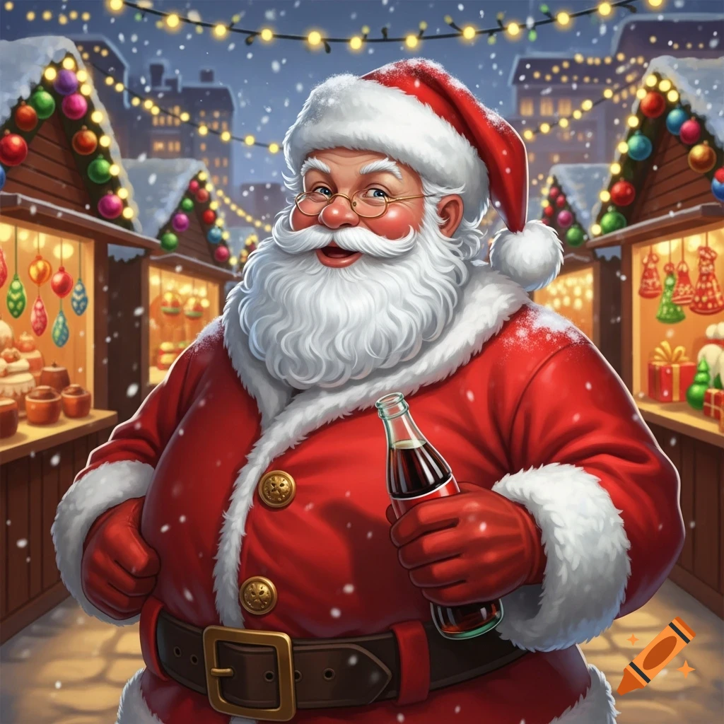 Jolly Santa Claus in a red suit and hat, holding a cola bottle, stands in a snowy Christmas market with twinkling lights.