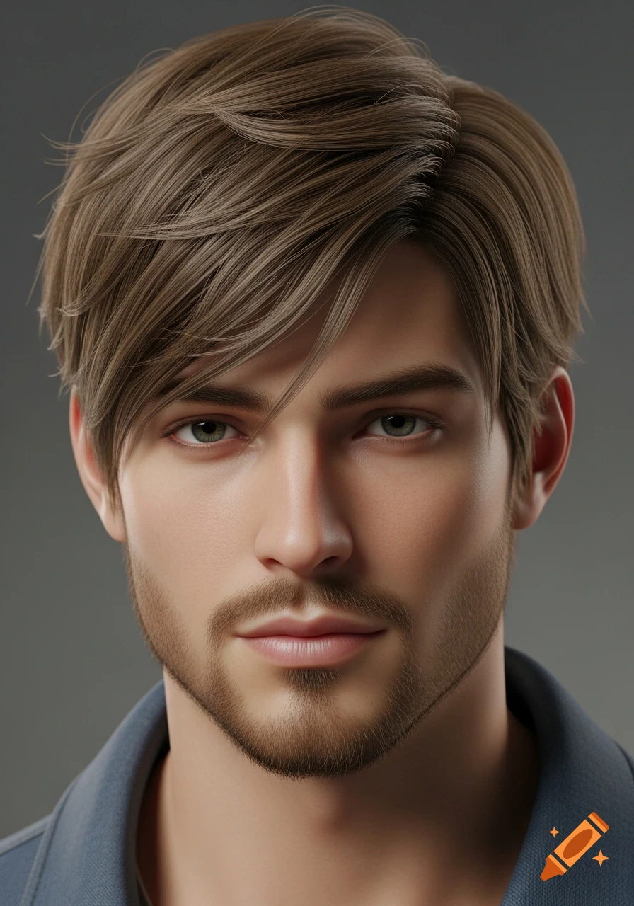 Close-up photorealistic portrait of a young Caucasian man with light brown messy hair, light stubble beard, and green eyes.