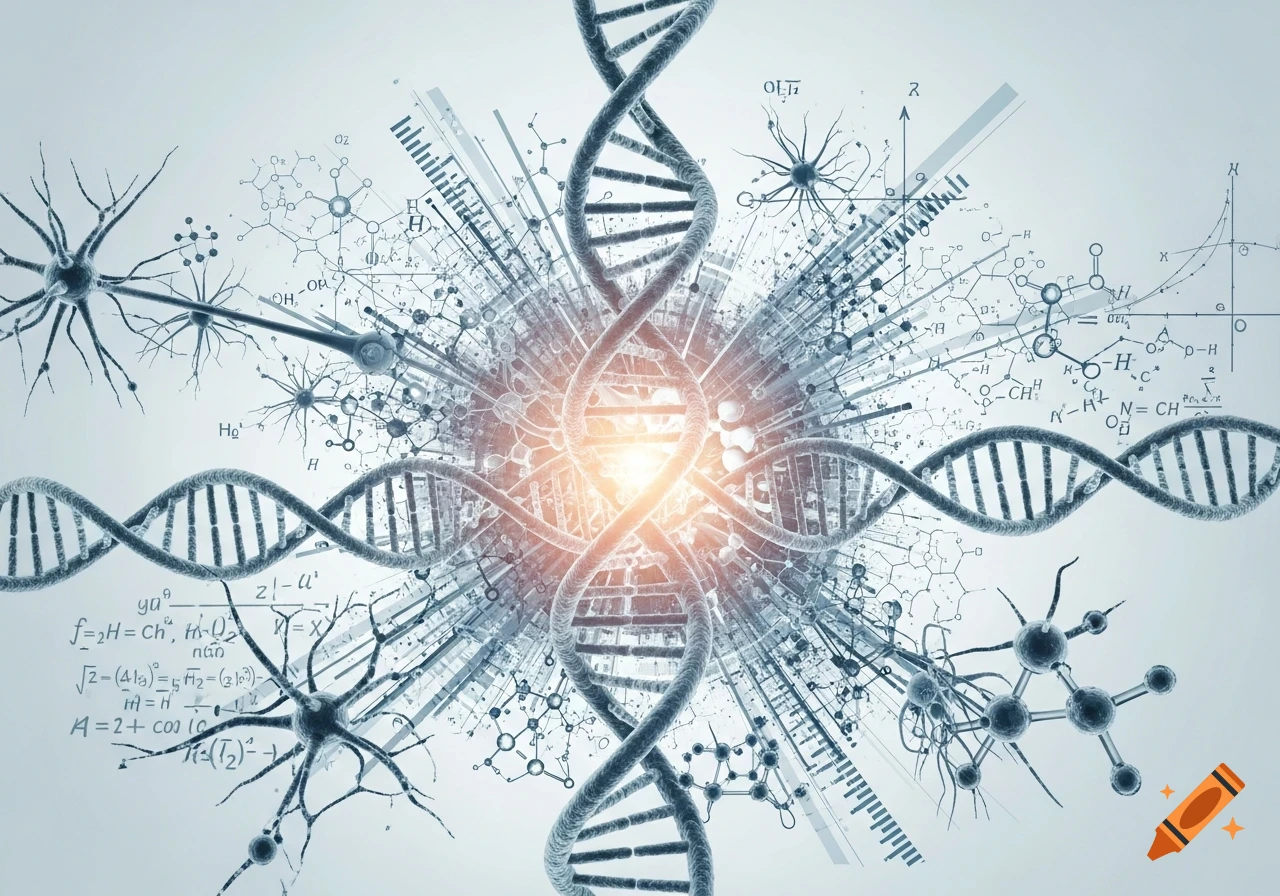 Dynamic scientific illustration with DNA, neurons, molecules, and equations radiating from a bright core.