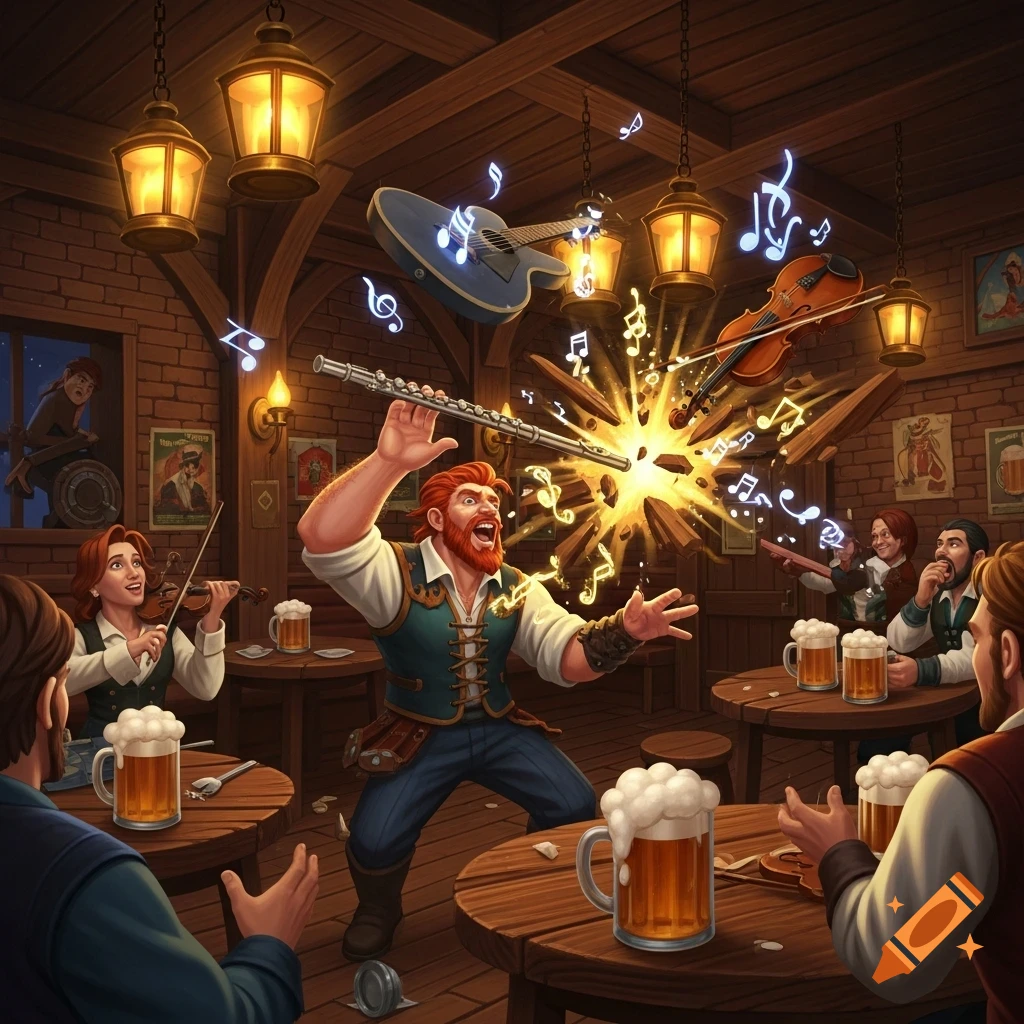 A vibrant fantasy illustration of a bearded man in a bustling pub, with musical instruments exploding and patrons drinking beer.