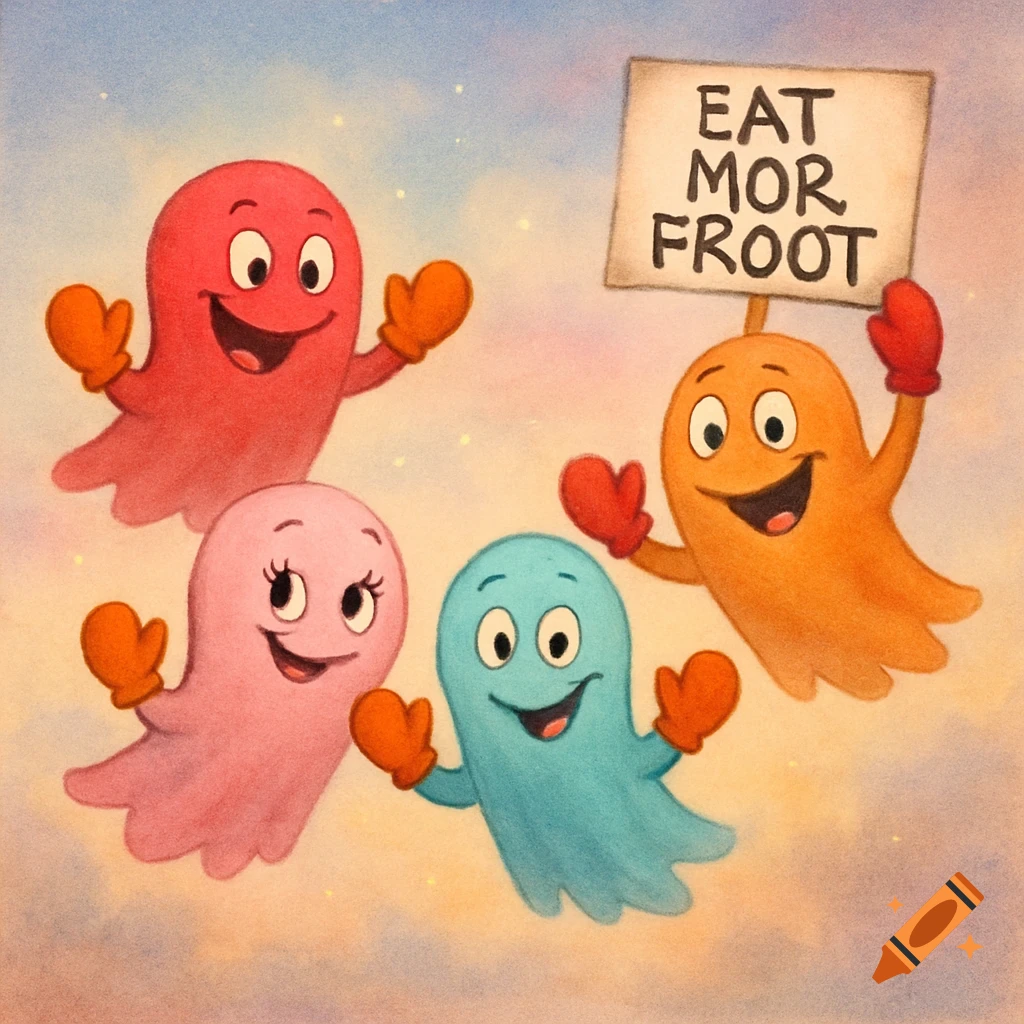 Four happy cartoon ghosts, red, pink, cyan, and orange, wearing mittens, float in a cloudy sky. One holds a sign "EAT MOR FROOT".