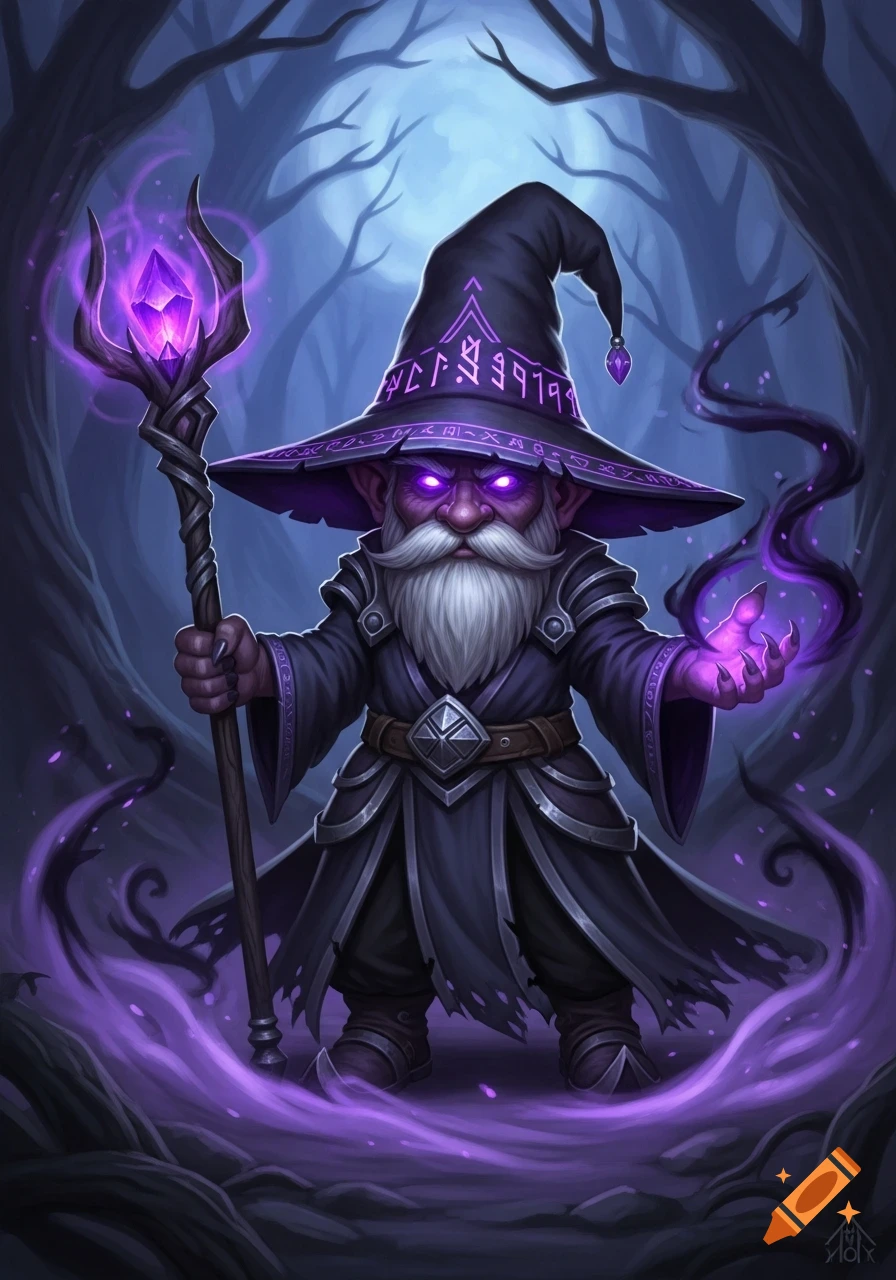 A fantasy gnome wizard with a white beard, glowing purple eyes, and a magical staff, casting spells in a dark forest.