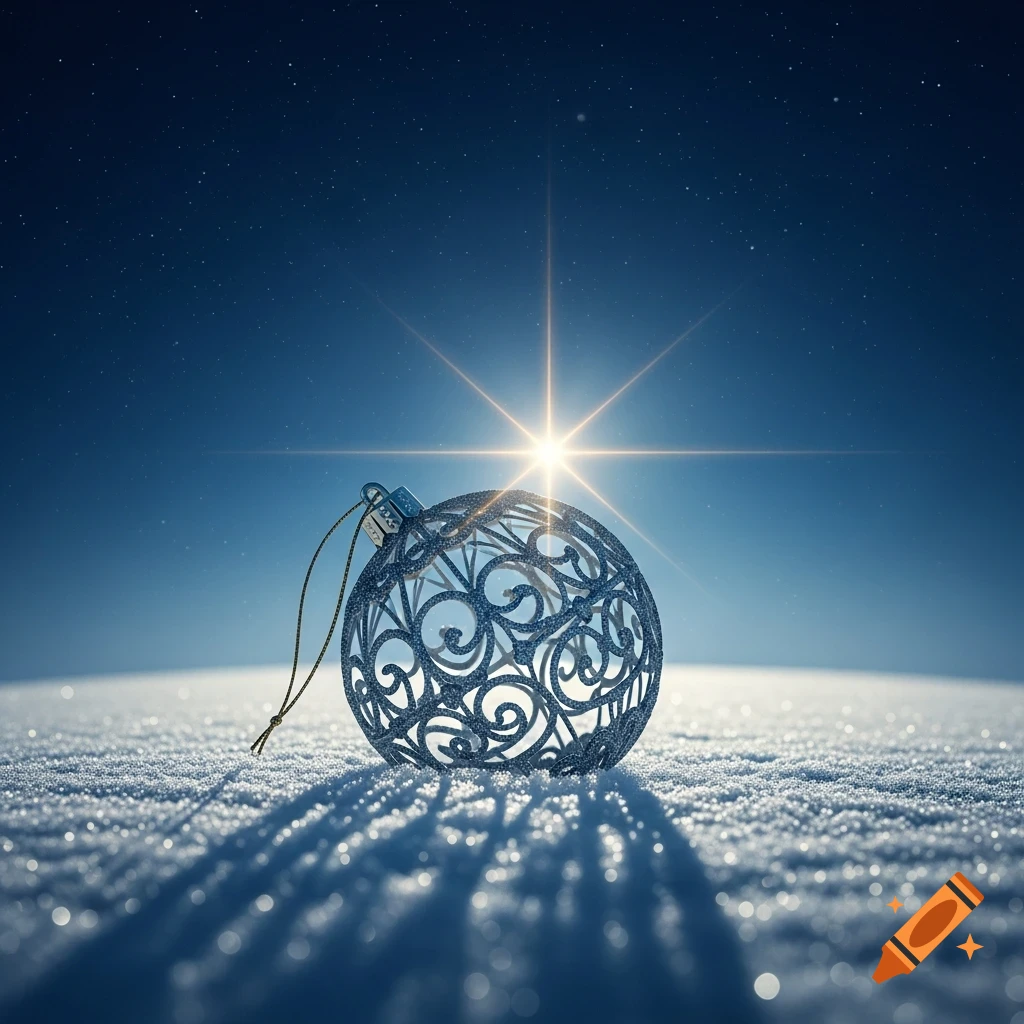 A silvery, ornate Christmas ornament sits on sparkling snow under a clear, starry night sky with a bright, shining star.