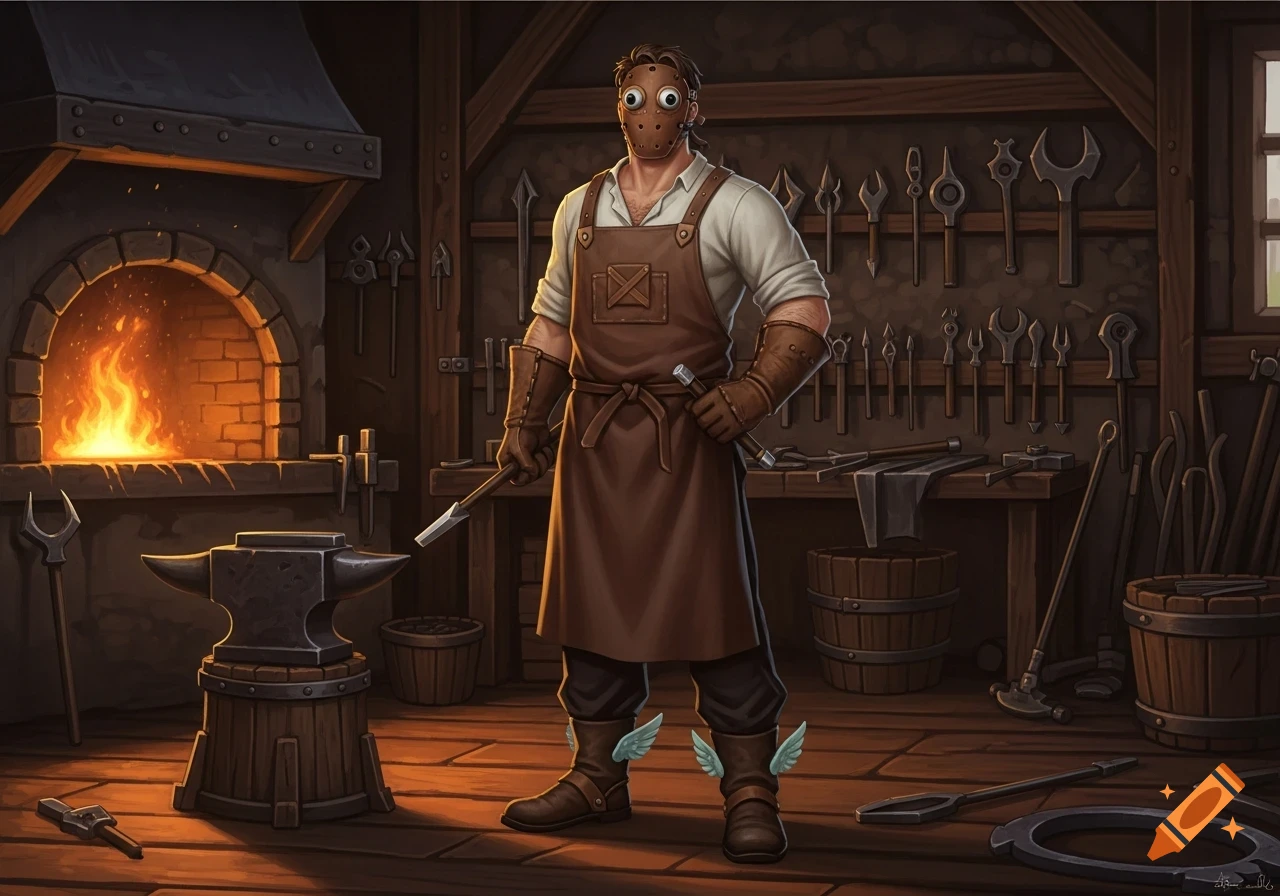 A man in a brown blacksmith's apron, leather mask with googly eyes, and winged boots stands in a workshop with a glowing forge and tools.
