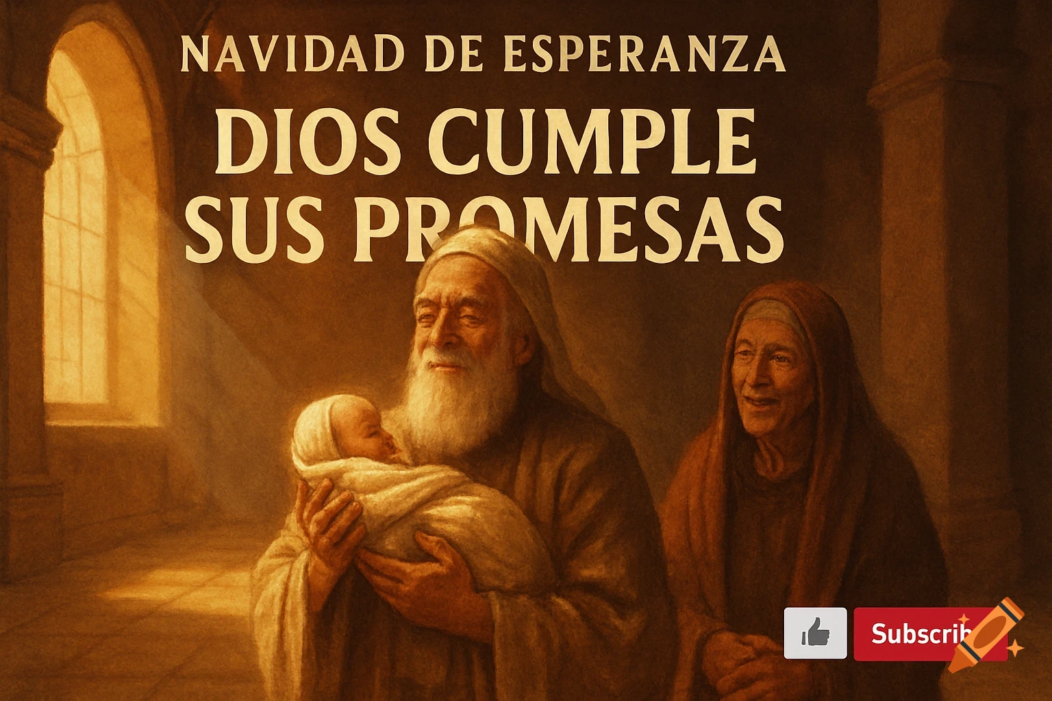 Painting of an elderly man holding a baby, with an elderly woman beside him, under golden arched windows. Text reads "NAVIDAD DE ESPERANZA DIOS CUMPLE SUS PROMESAS", with a "Subscribe" button.