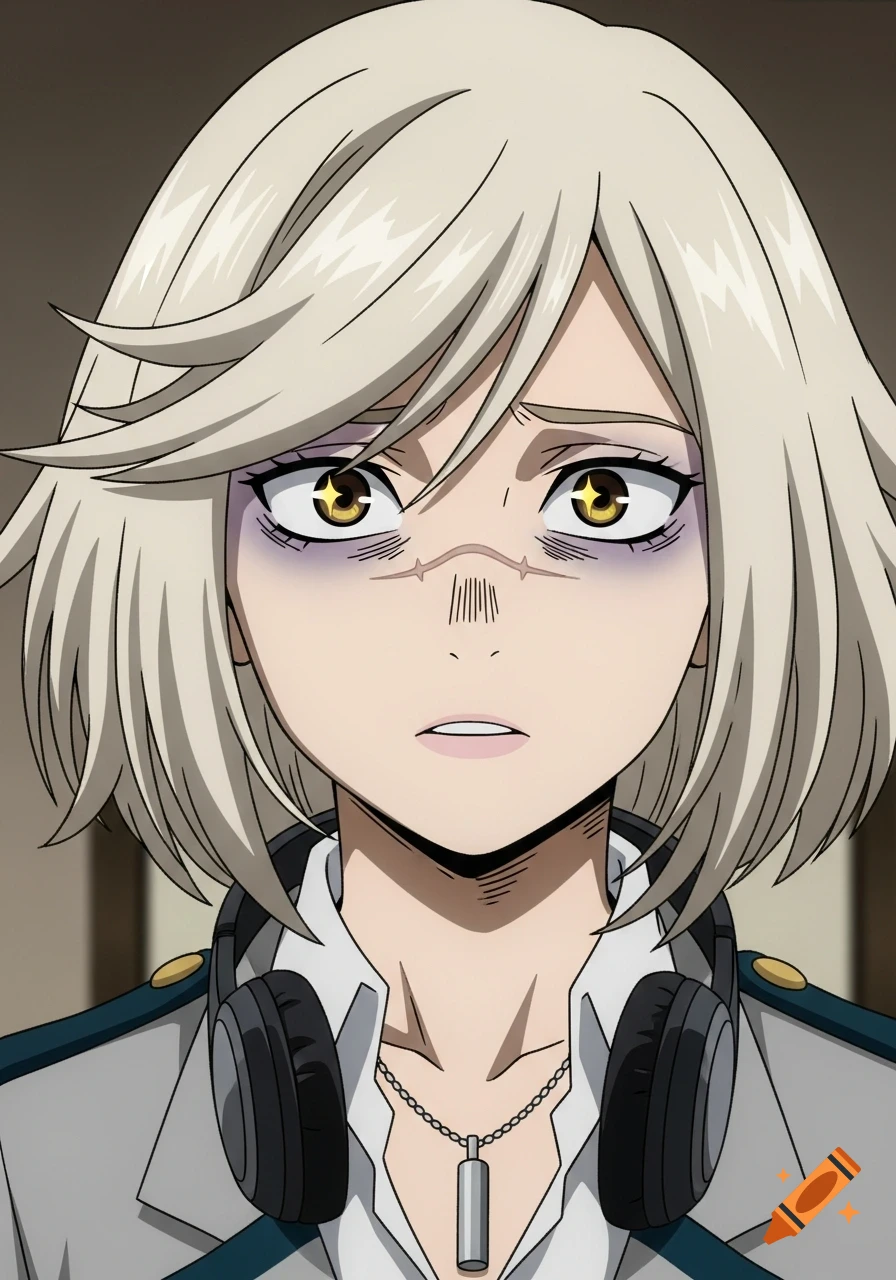Anime portrait of a tired teenage girl with short blonde hair, yellow-sparkled eyes, eye bags, nose scar, headphones, and a silver cylinder pendant.