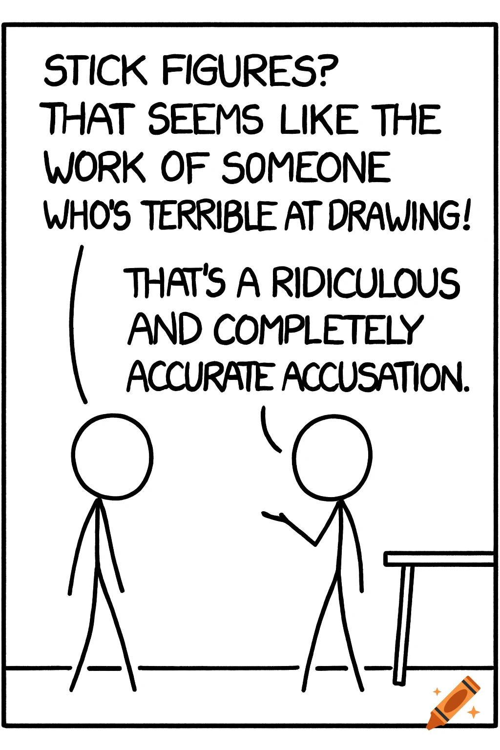 A black and white xkcd-style comic strip featuring two stick figures discussing stick figures.