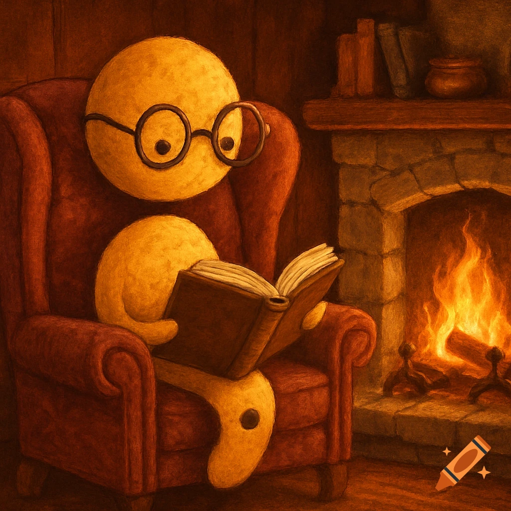 A yellow, round character with glasses reads a book in a red armchair beside a warm fireplace, in an illustration style.