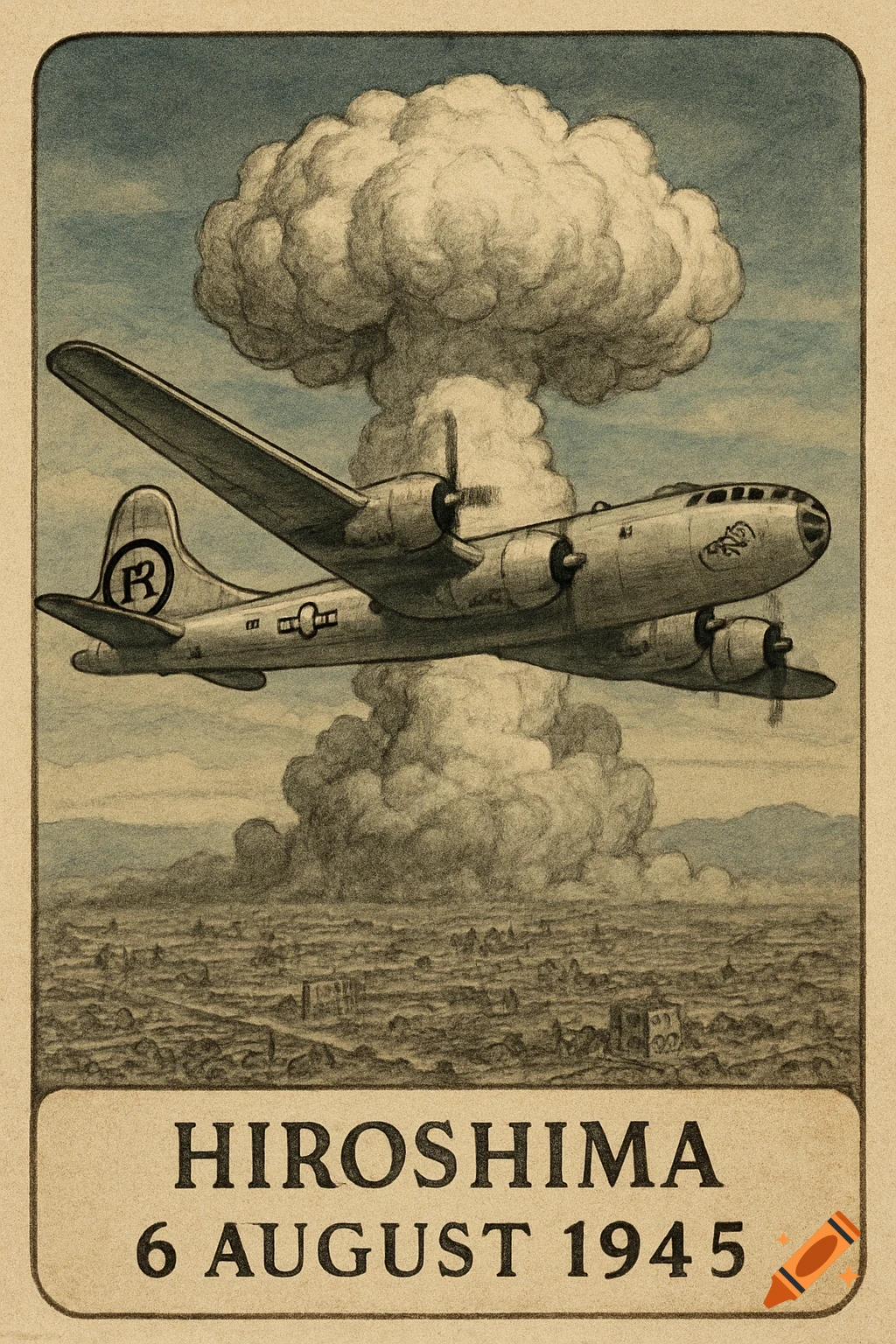 A vintage-style illustration of a B-29 bomber flying past a mushroom cloud over a city, with "HIROSHIMA 6 AUGUST 1945" below.