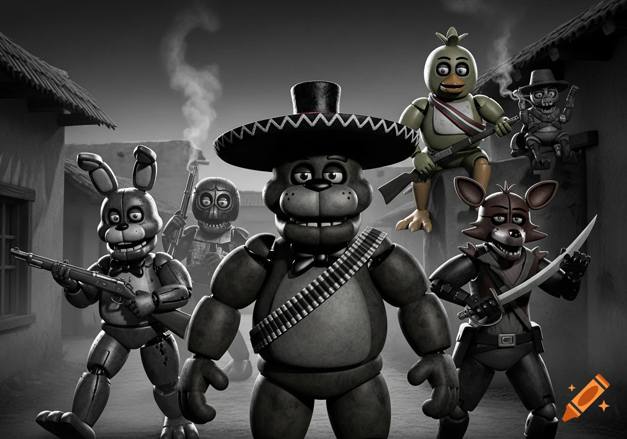Five Nights at Freddy's characters, including Freddy with a sombrero, as armed Mexican Revolutionaries in a black and white village scene.